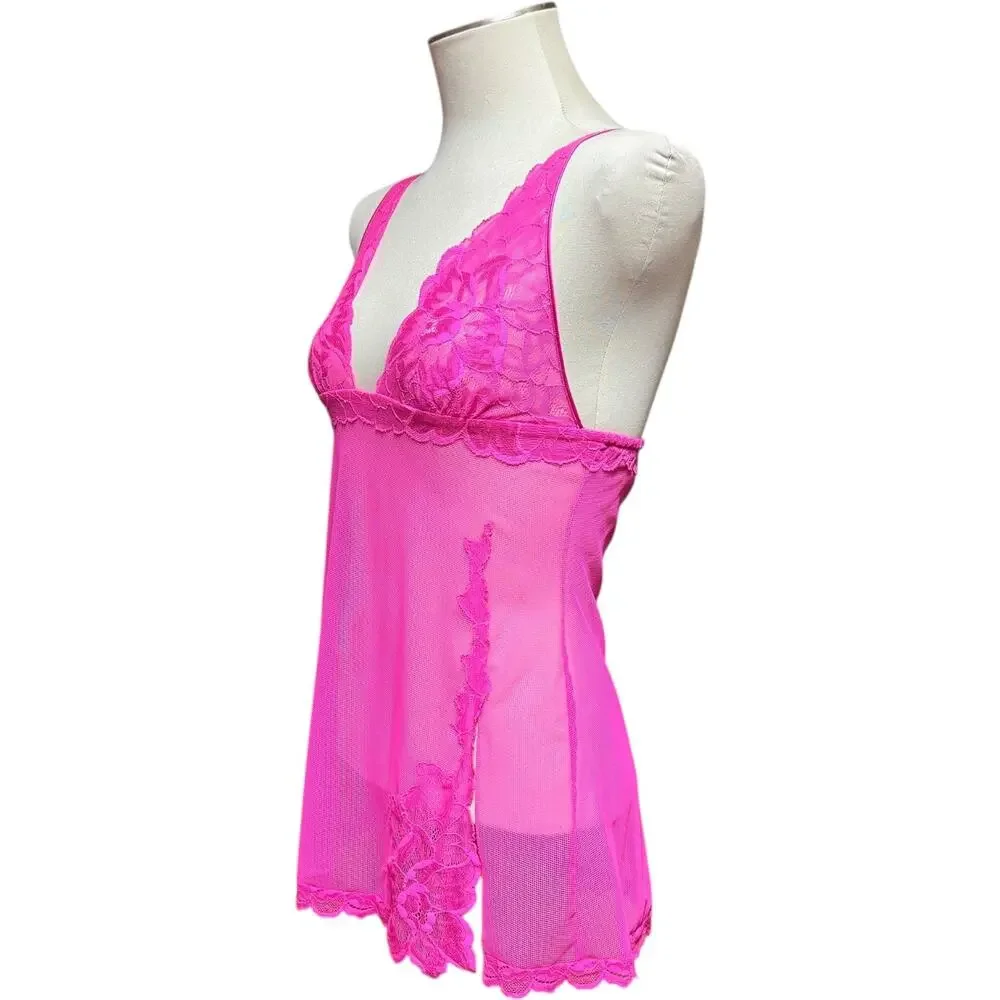 Victoria's Secret Plunge Lace Mesh Lingerie Nightie Hot Pink Small
